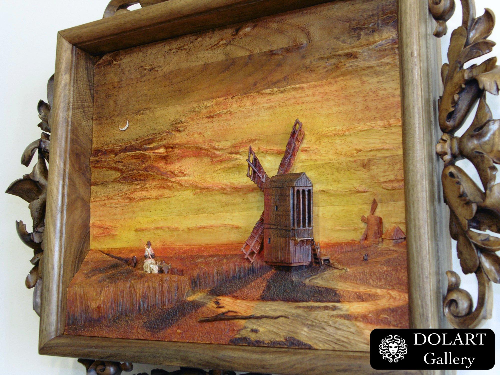 Резная картина по мотивам И.К. Айвазовского “Мельницы в украинской степи при закате солнца”