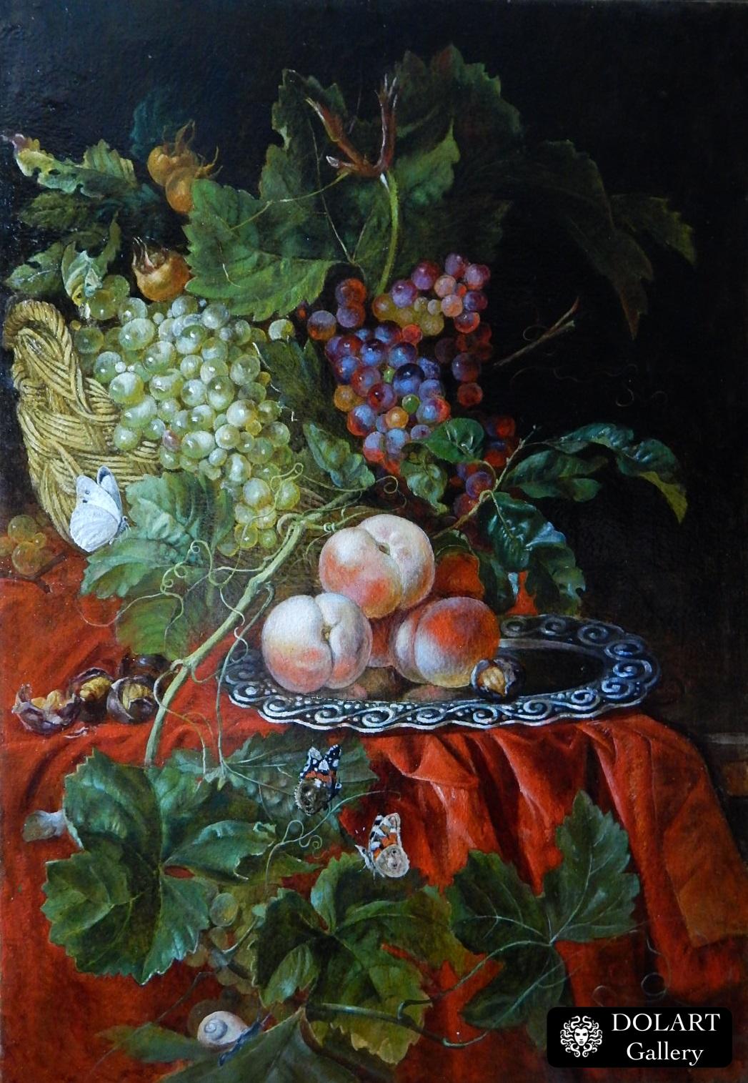 “Натюрморт с персиками и виноградом”. Эверт ван Алст. Вольная копия. 500х700 мм